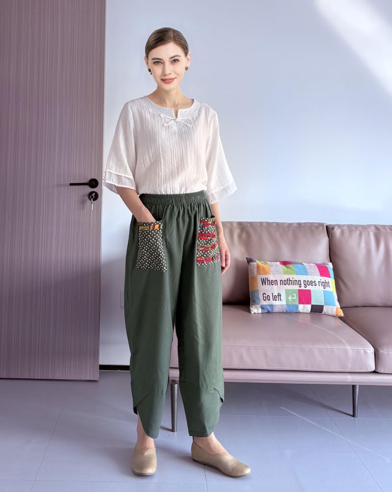 Minibee Women's Baggy Linen Wide Leg Trousers Casual Patchwork Elastic Waist Harem Pants Army Green L - Image 3